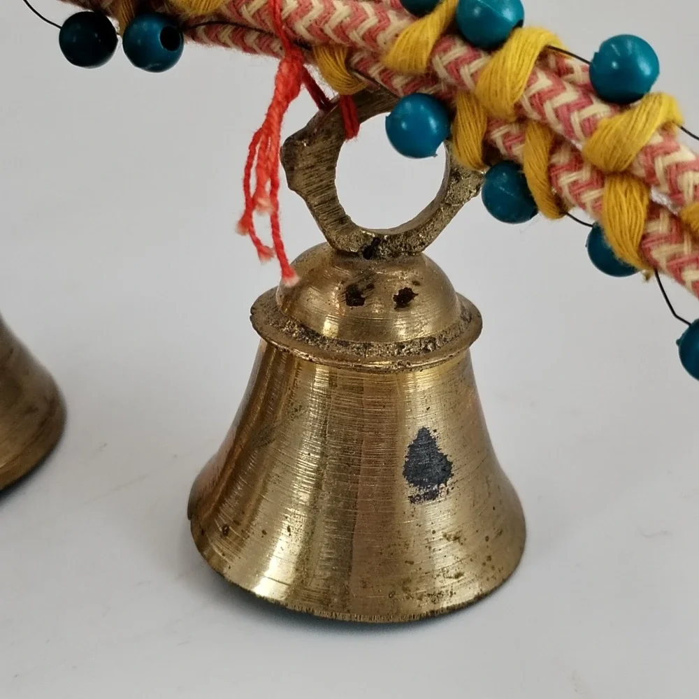Vintage India Brass Bells on Rope String of 3 Beaded Door Hanger Boho Chime Vtg